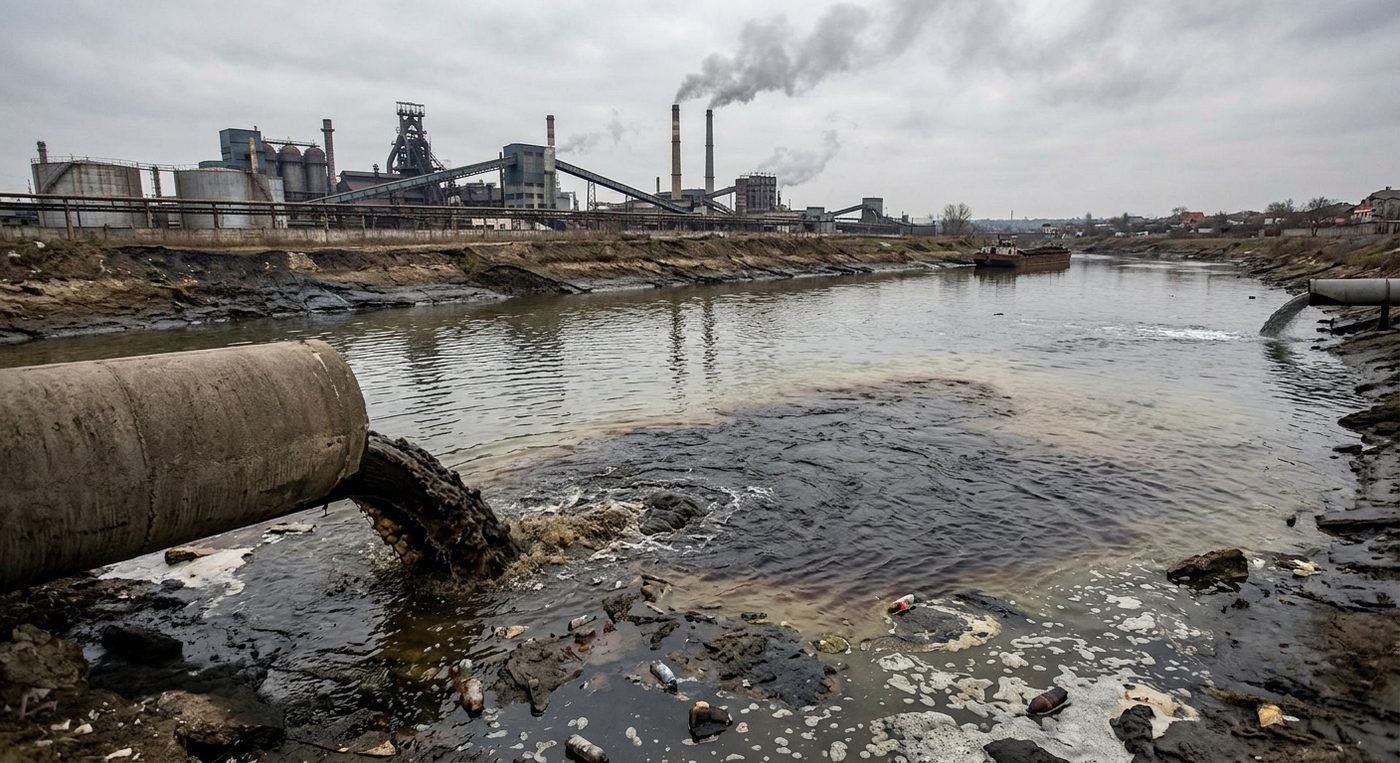 Industrial wastewater discharging into a polluted river