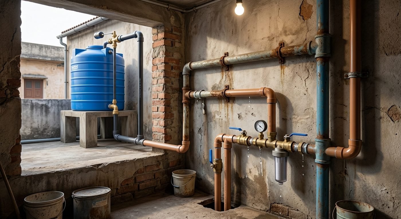 Ageing pipes and water tank with leaks and sediment risks