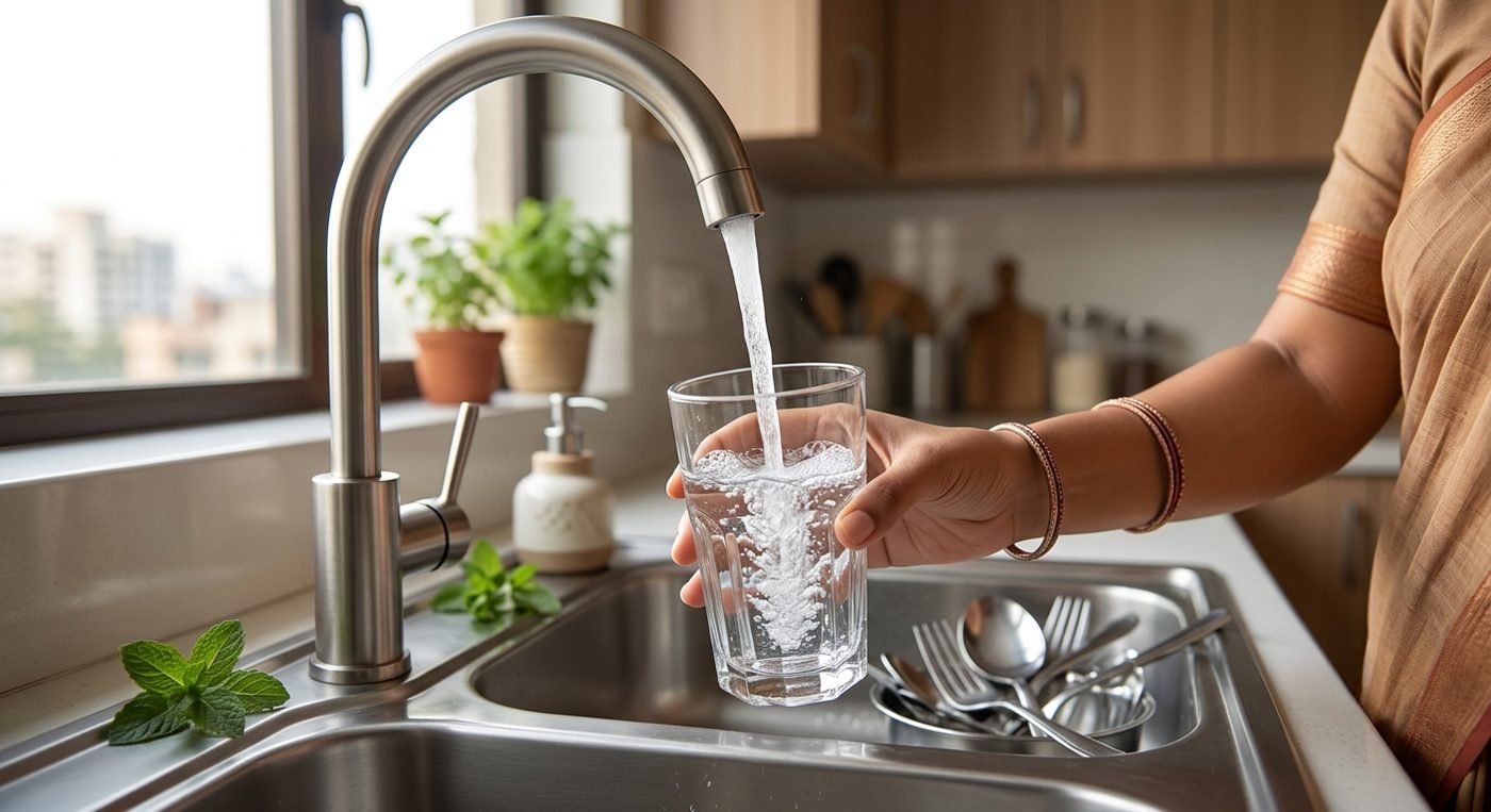 Clean drinking water filled from a kitchen tap